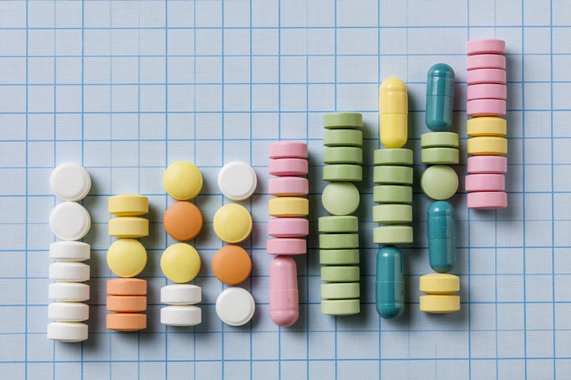 Assorted medication pills and capsules arranged in rising columns on graph paper