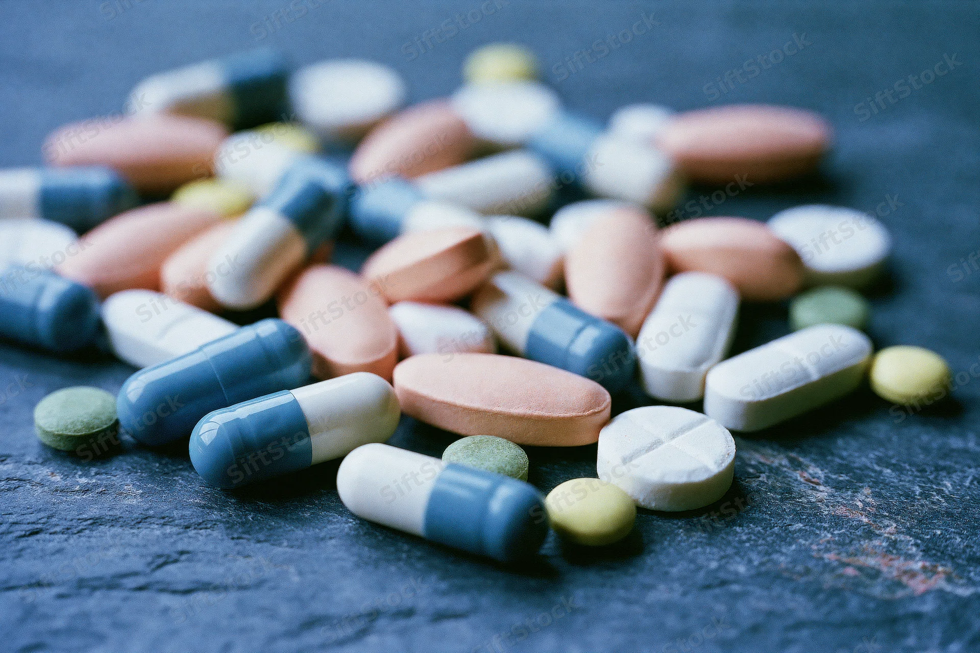 Assorted prescription pills and capsules scattered on a dark stone surface