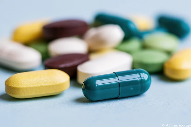 Assorted prescription pills and capsules scattered loosely on a light blue surface