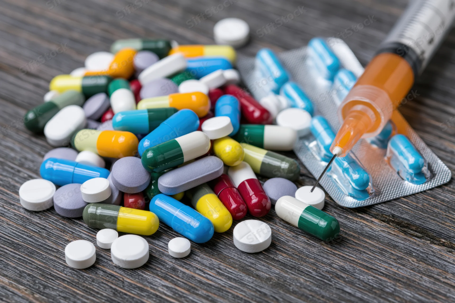 Assorted prescription pills capsules and tablets scattered on wooden surface with syringe and blister pack