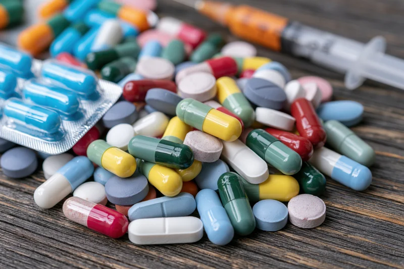 Assorted prescription pills and capsules scattered on a dark wooden surface with a syringe in the background