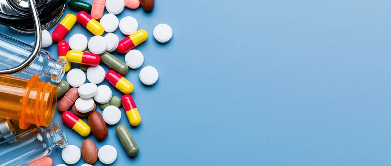 Assorted medicine pills and capsules with bottles and stethoscope on blue background