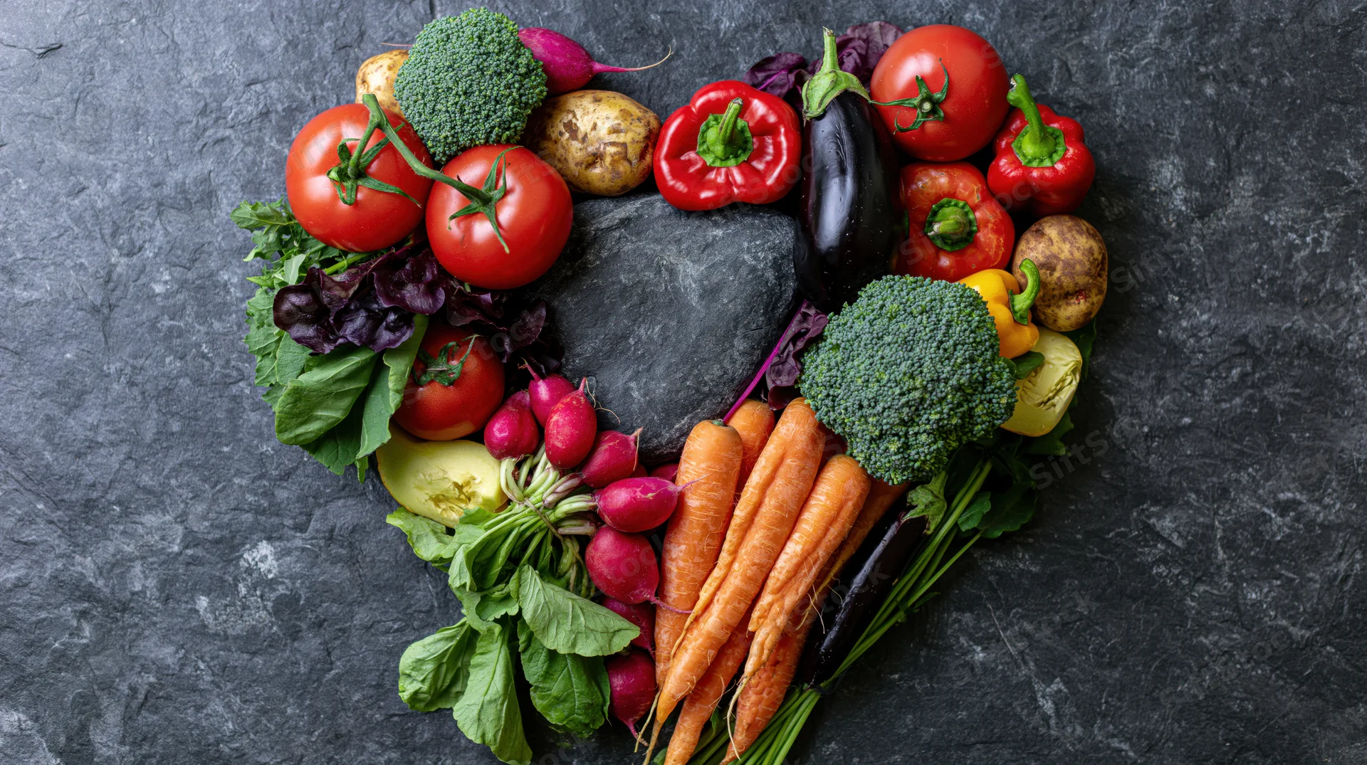 Assorted raw vegetables arranged in heart shape on dark slate surface