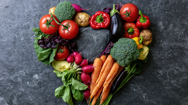 Assorted raw vegetables arranged in heart shape on dark slate surface
