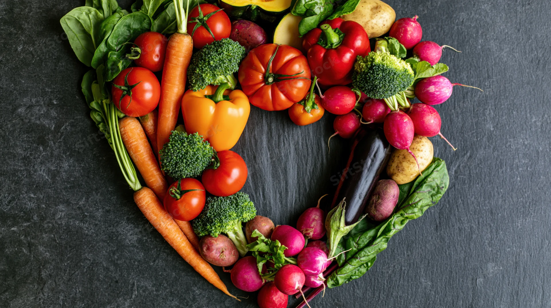 Assorted raw vegetables arranged in heart shape on dark slate surface