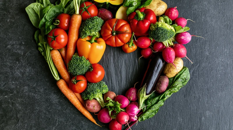 Assorted raw vegetables arranged in heart shape on dark slate surface