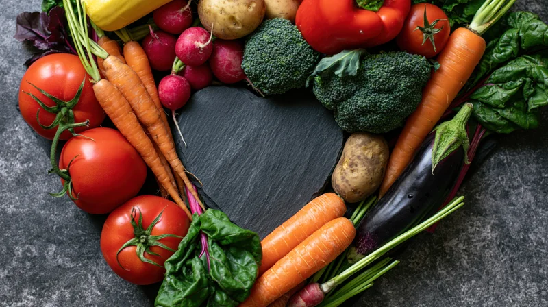 Assorted raw vegetables arranged in heart shape on dark stone surface