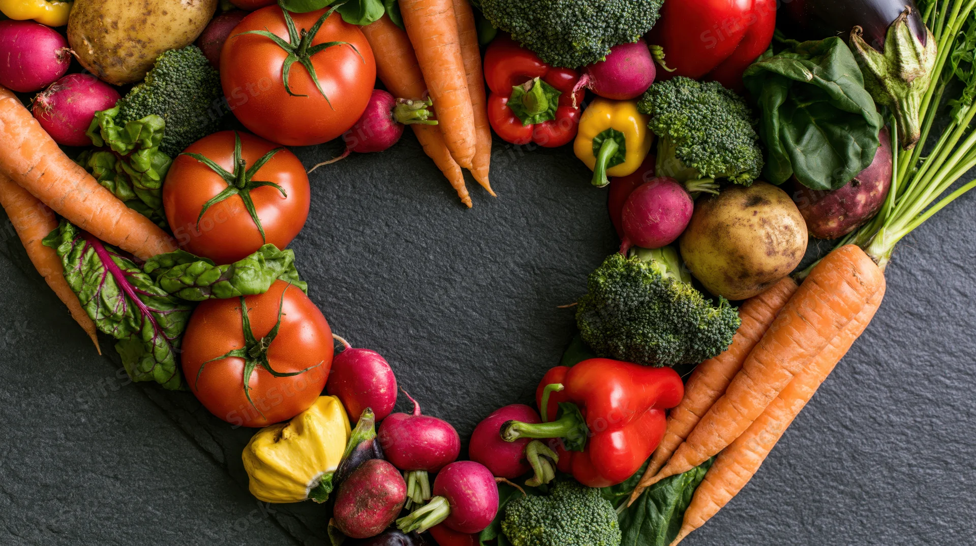 Raw vegetables arranged in heart shape on dark slate surface