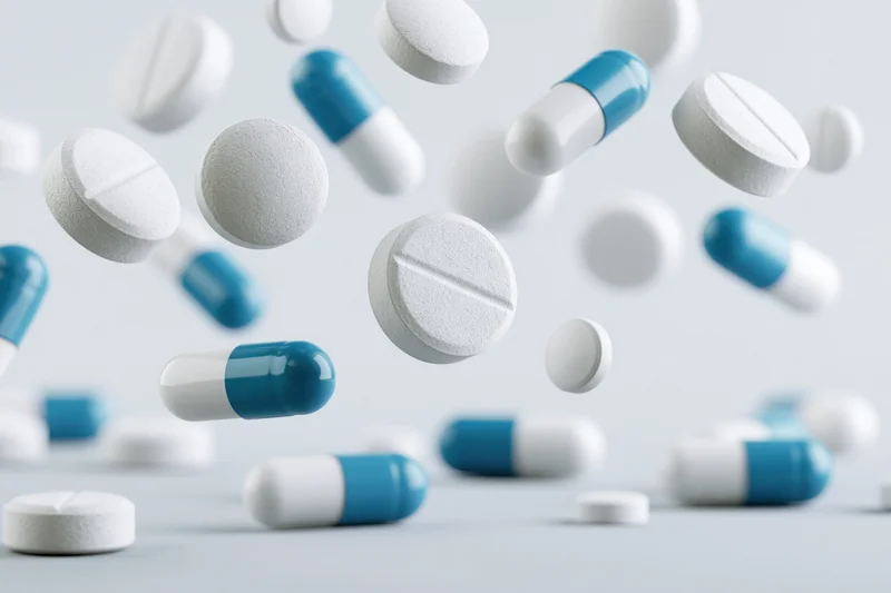 White and blue pharmaceutical pills and capsules floating in midair over a light surface
