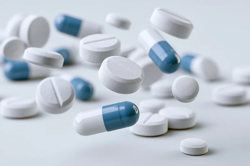 White and blue pharmaceutical pills and capsules floating and resting on a plain white surface