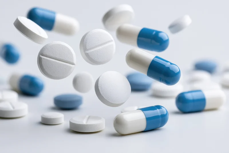 White and blue pharmaceutical pills and capsules floating and resting on a light surface