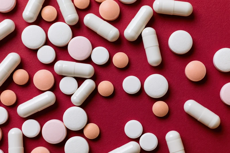 Assorted white capsules and round tablets scattered on a red surface