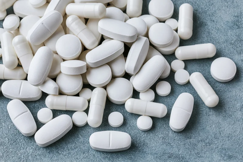 Assorted white pills and capsules scattered on a textured surface