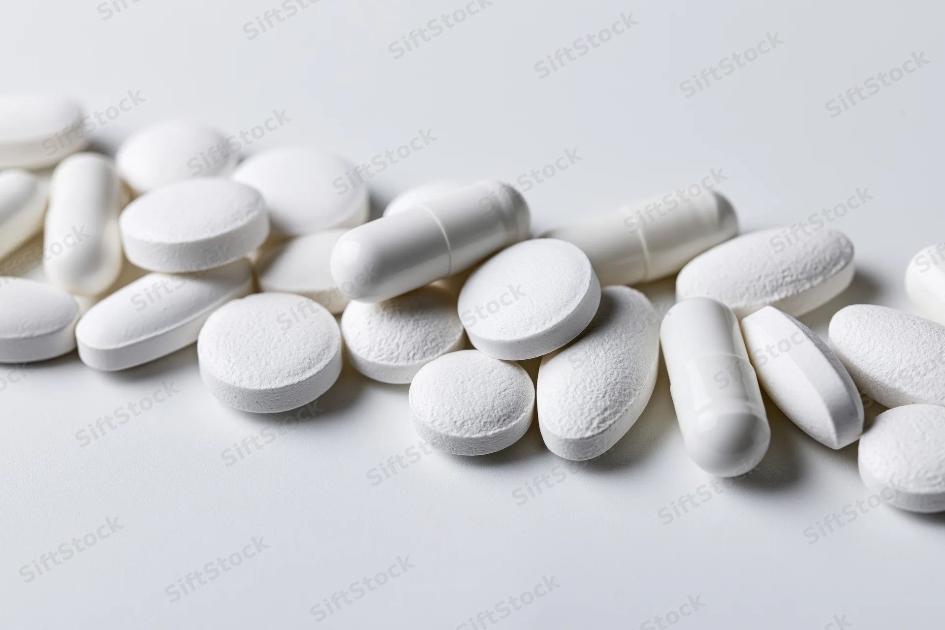 Assorted white pharmaceutical pills and capsules scattered on a plain white surface