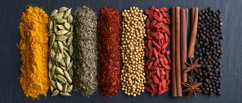 Assorted spices arranged in parallel vertical rows on dark slate surface