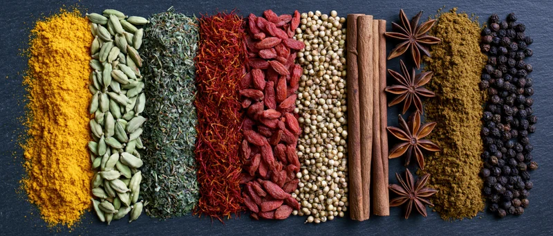 Assorted whole and ground spices arranged in parallel vertical rows on dark surface