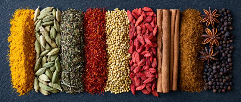 Assorted spices arranged in parallel rows on dark slate surface