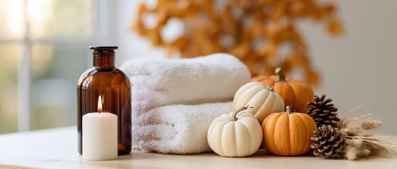 Autumn spa flat lay with candles, pumpkins, towels and pinecones on wooden surface