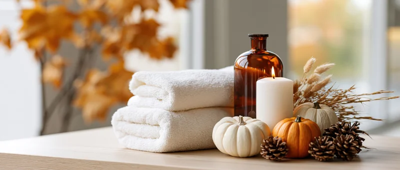 Autumn spa flat lay with folded towels, candle, pumpkins and pinecones on wooden surface