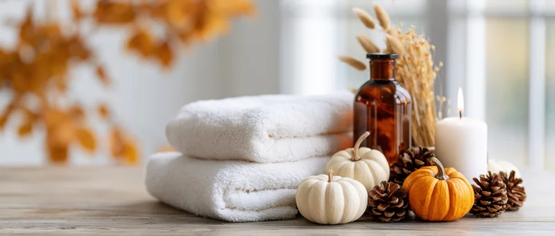 Folded white towels and autumn decor arranged on a wooden table