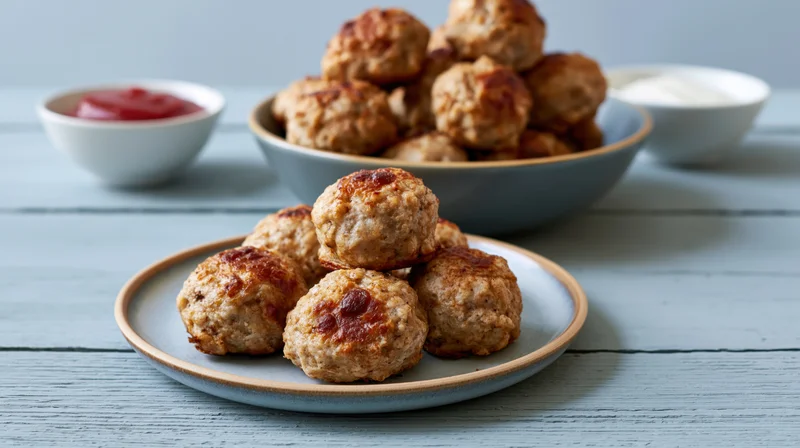 Baked meatballs arranged on a small ceramic plate with ketchup and sauce on a blue wooden table