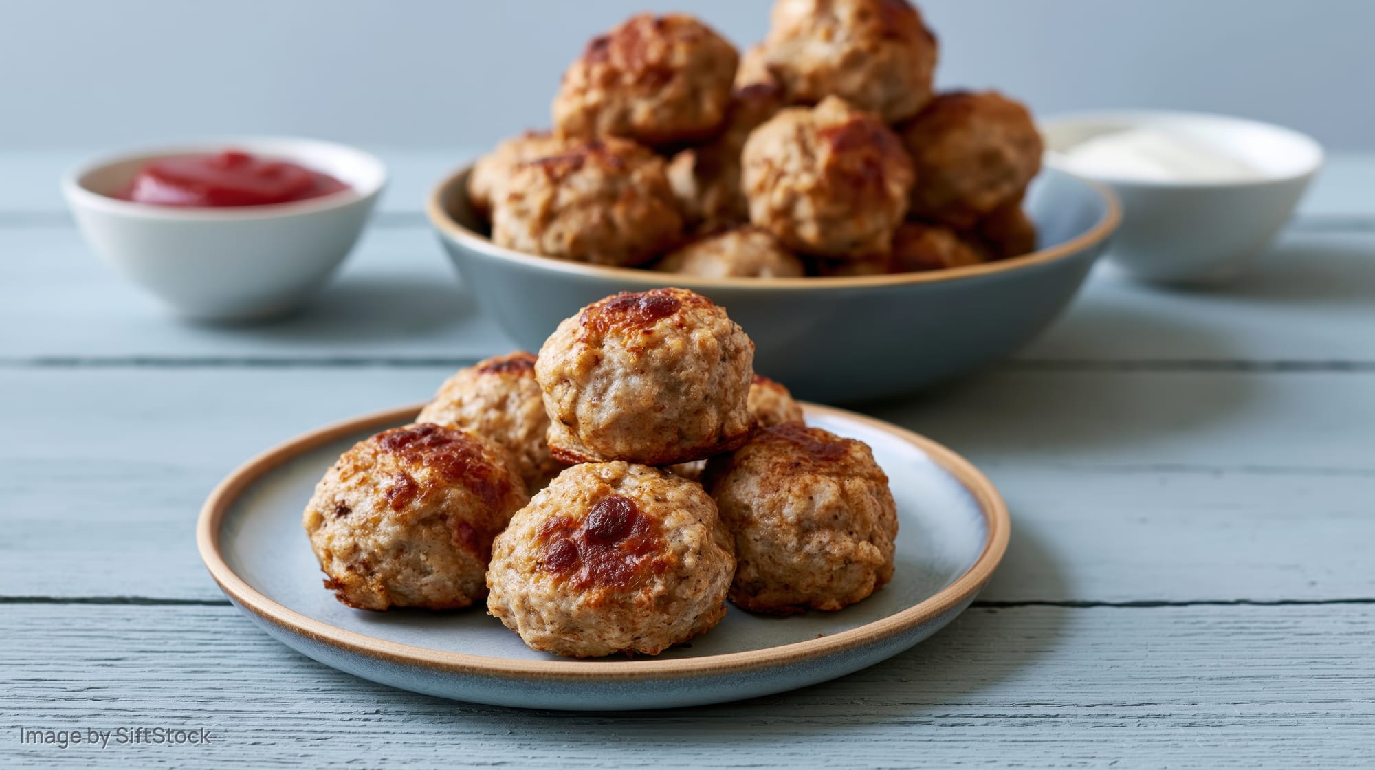 Baked meatballs arranged on a small ceramic plate with ketchup and sauce on a blue wooden table