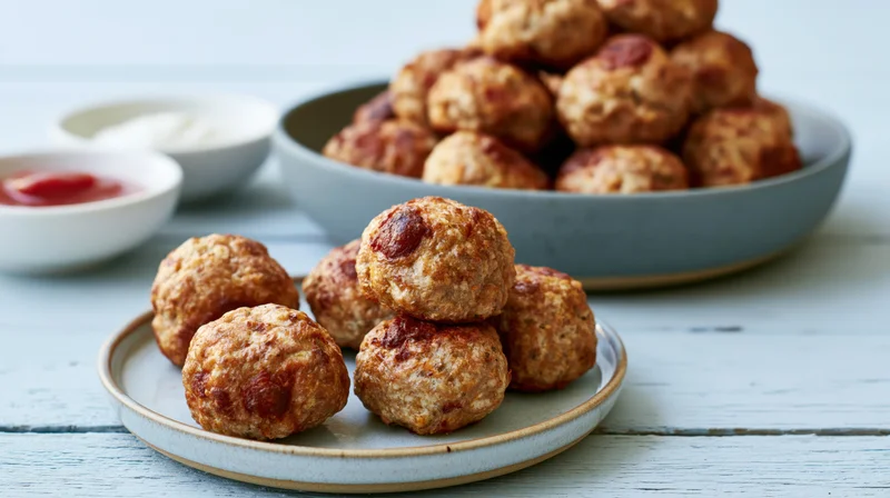 Baked meatballs arranged on a small ceramic plate on a white wooden table with ketchup and sauce in bowls nearby