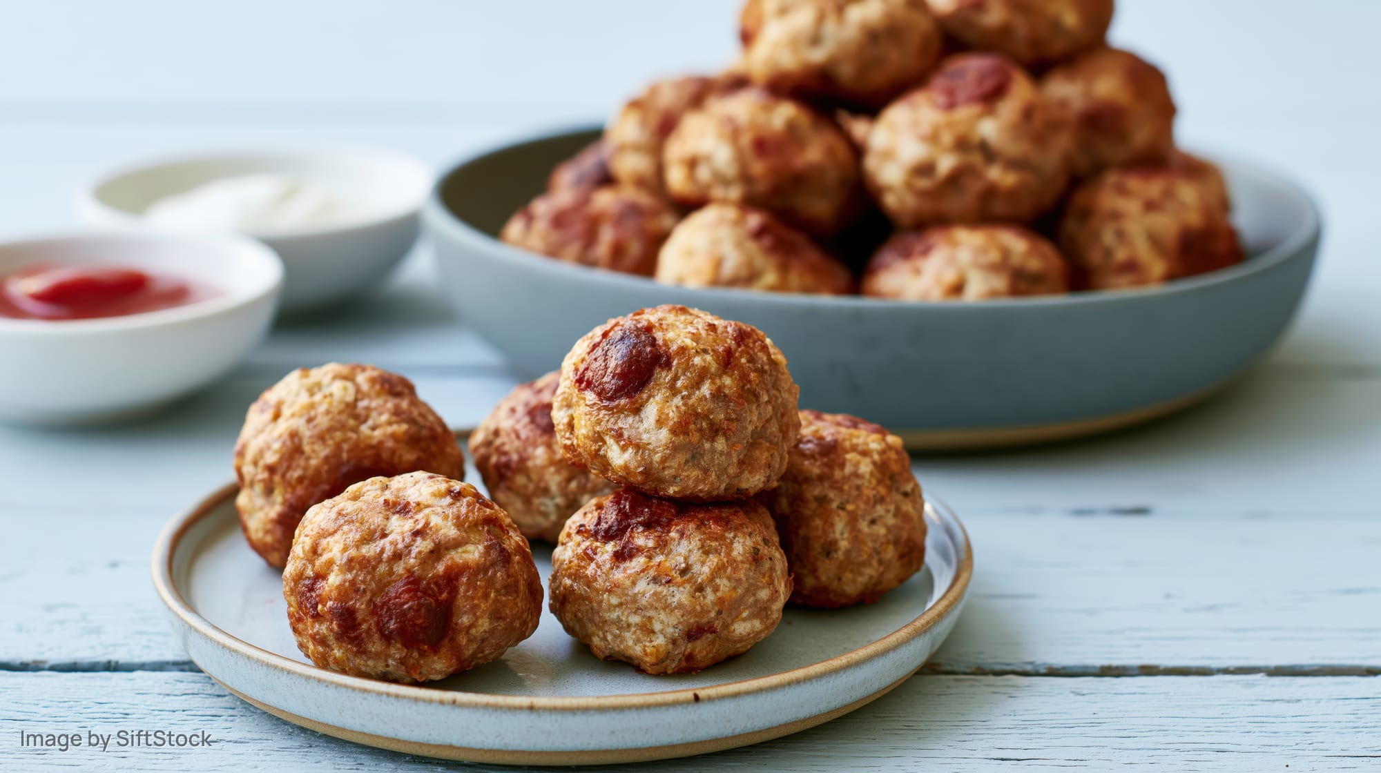 Baked meatballs arranged on a small ceramic plate on a white wooden table with ketchup and sauce in bowls nearby