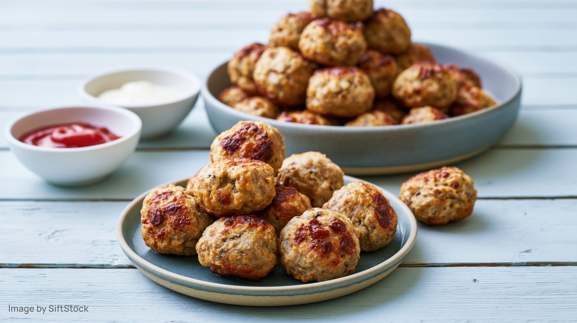 Baked meatballs arranged on a ceramic plate with ketchup and mayonnaise on a blue wooden table