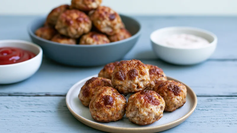 Baked meatballs arranged on a small ceramic plate with ketchup and creamy dip on a blue wooden table