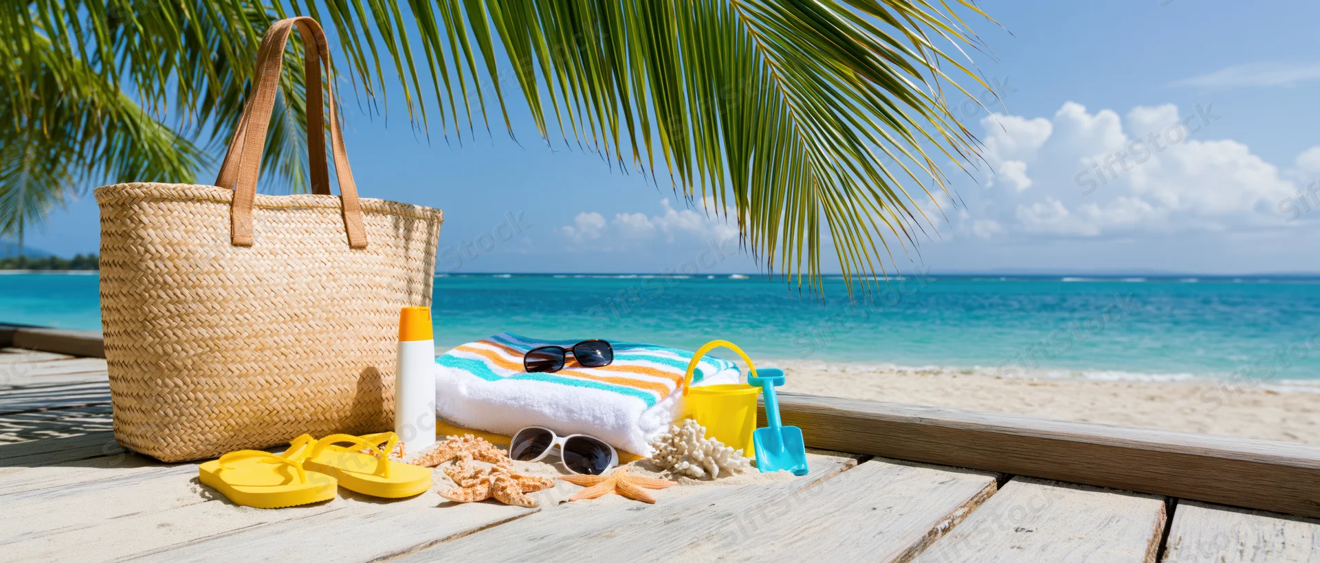 Beach accessories arranged on wooden deck beside sandy shore with ocean and palm fronds in background