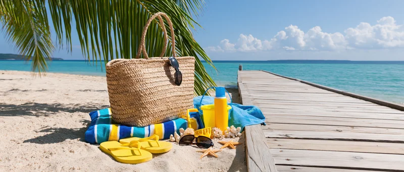 Beach accessories arranged on sandy shore beside wooden dock with palm fronds and turquoise ocean