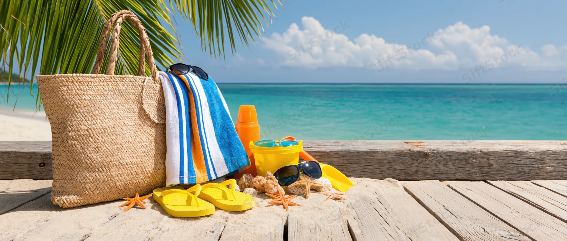 Beach accessories arranged on wooden deck beside turquoise ocean with palm frond overhead