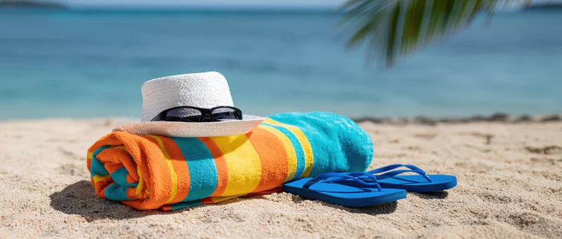 Rolled striped towel with hat, sunglasses and flipflops on sandy beach near ocean