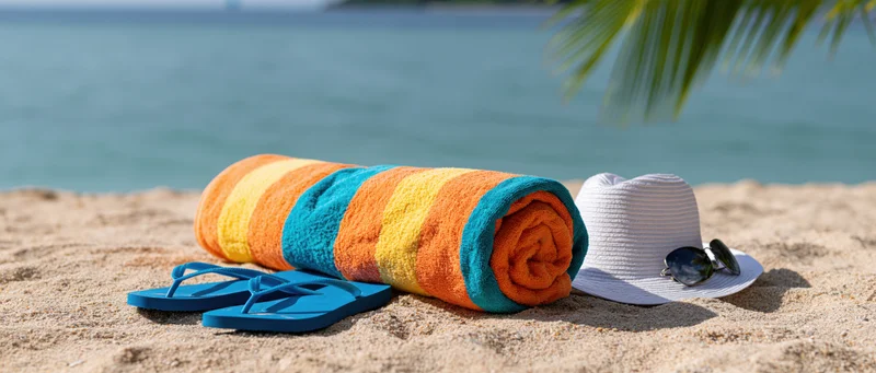 Rolled striped towel with hat and flipflops on sandy beach near ocean
