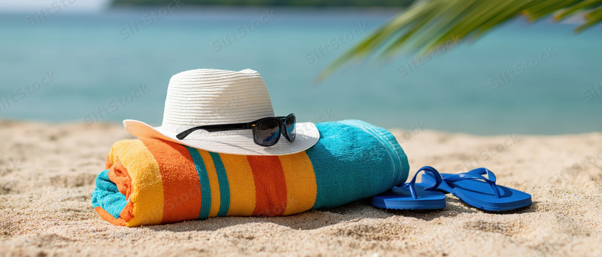 Rolled striped towel with hat, sunglasses and flipflops on sandy beach near ocean