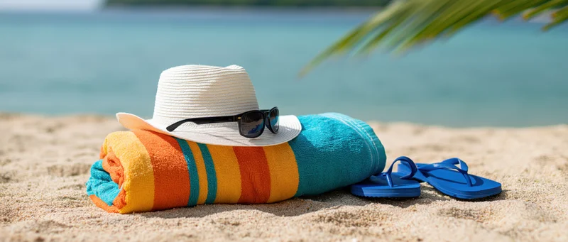 Rolled striped towel with hat, sunglasses and flipflops on sandy beach near ocean