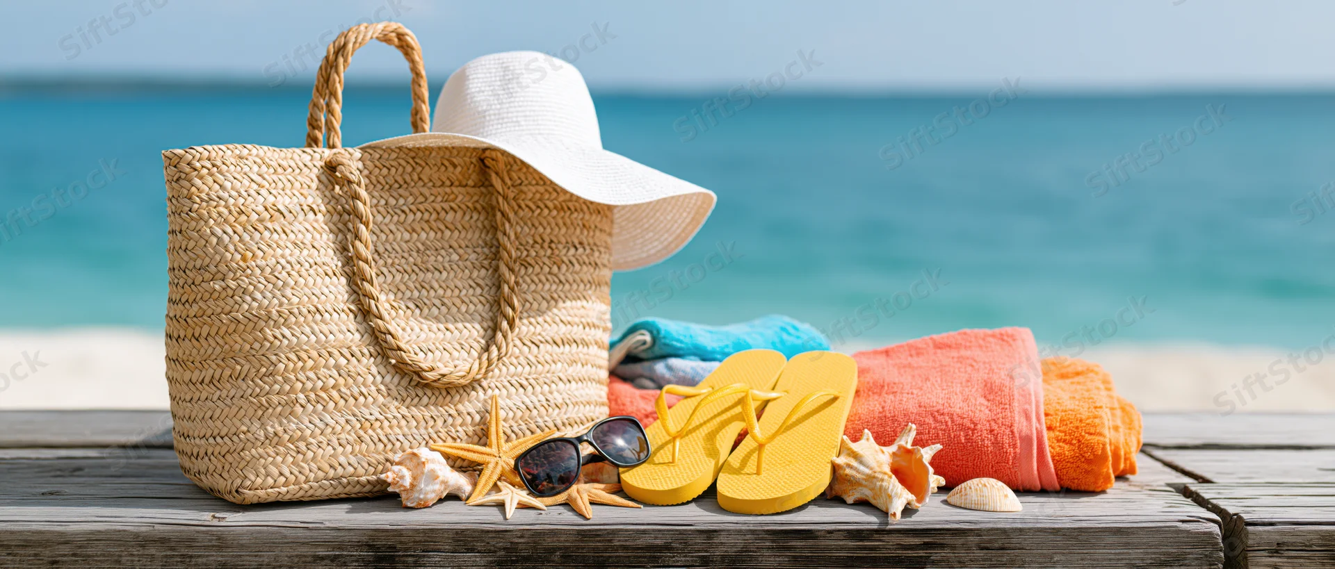 Beach vacation accessories arranged on wooden deck near ocean