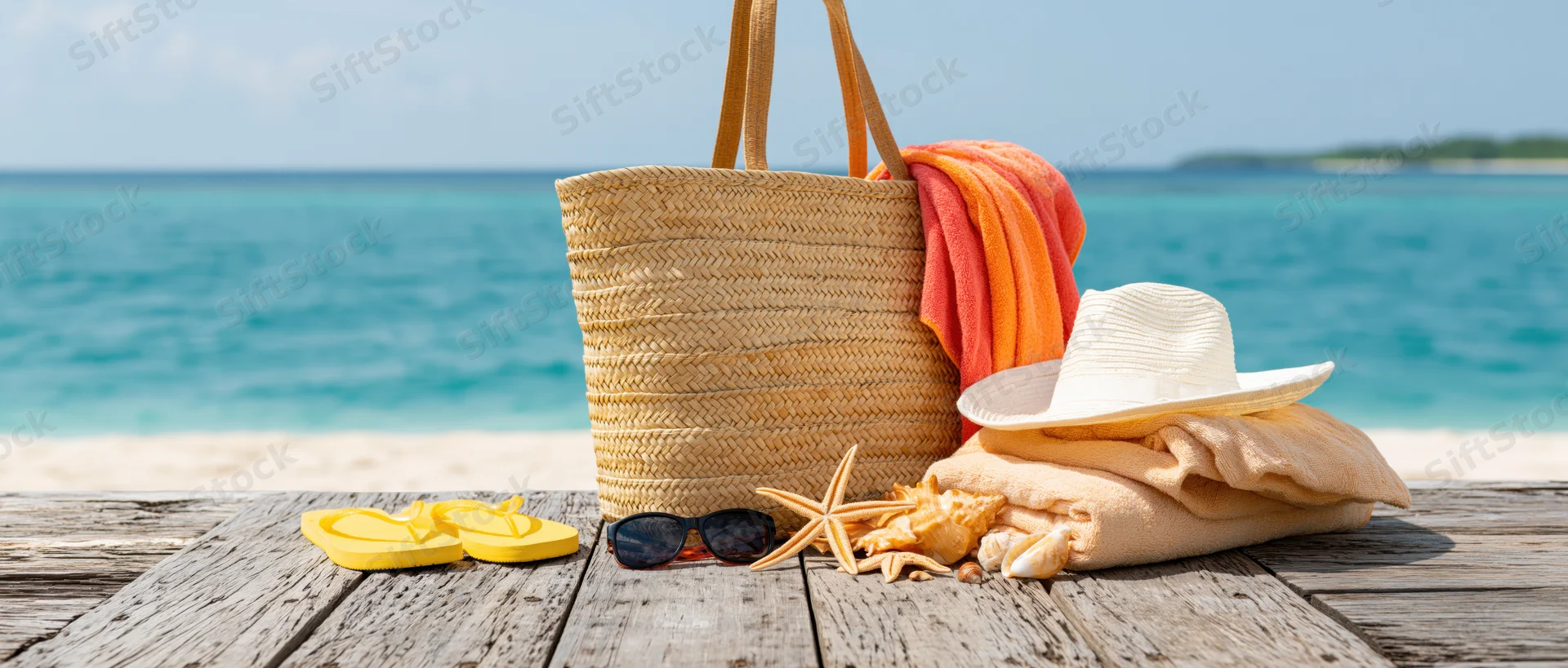 Beach vacation accessories arranged on wooden deck near ocean