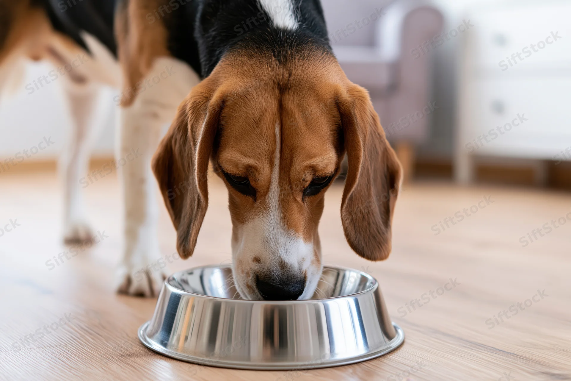 Beagle eating from a stainless steel bowl on a light wood floor indoors
