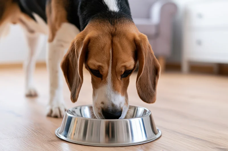 Beagle eating from a stainless steel bowl on a light wood floor indoors