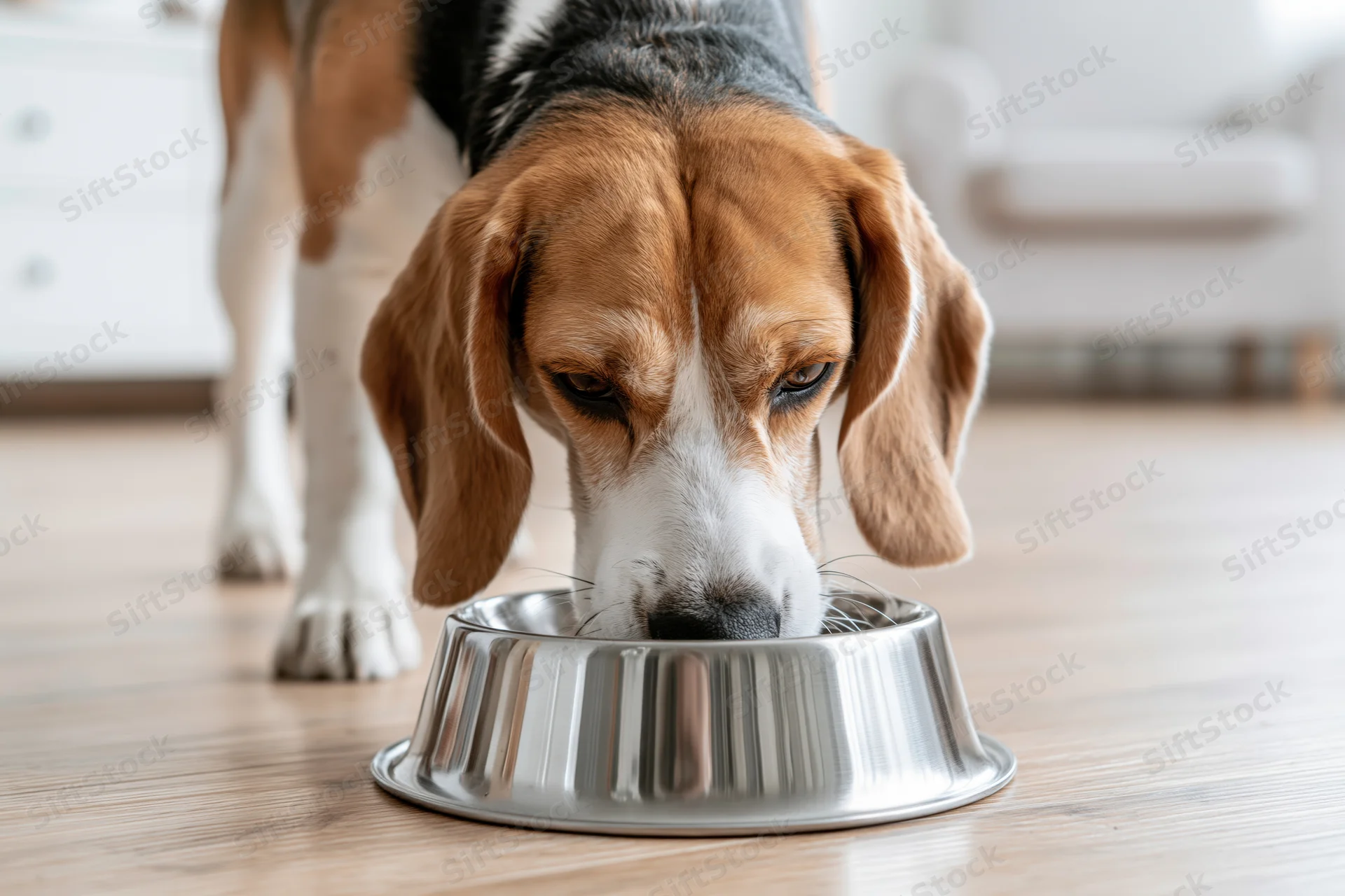 Beagle eating from a stainless steel bowl on a light wood floor in a living room