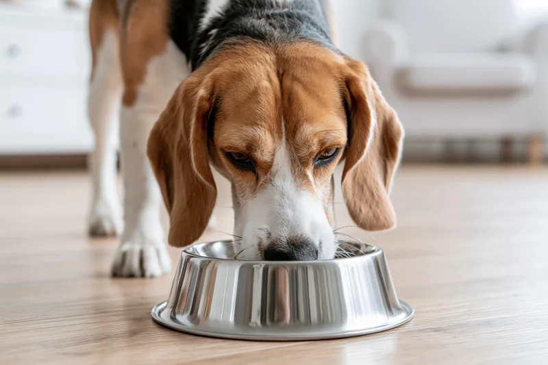 Beagle eating from a stainless steel bowl on a light wood floor in a living room