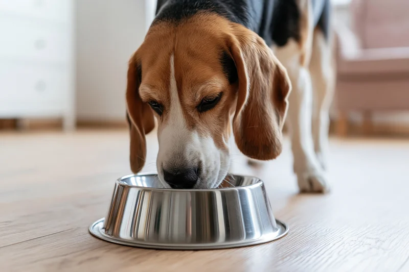 Beagle eating from a stainless steel bowl on a light wood floor