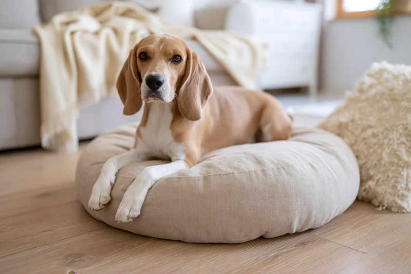 Beagle dog lying alert on a round beige pet bed on a light wooden floor in a living room