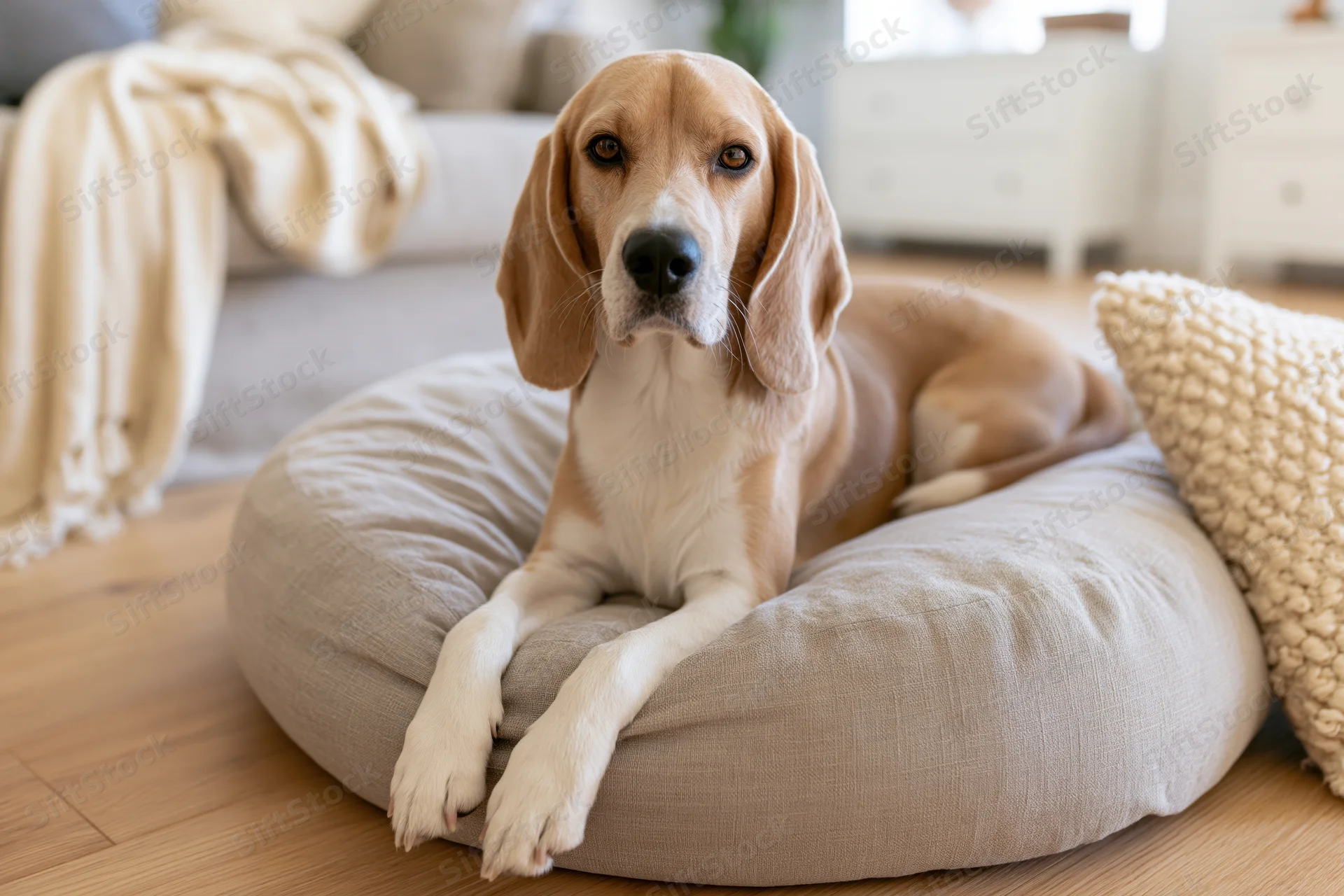 Beagle dog lying alert on a round beige pet bed in a living room