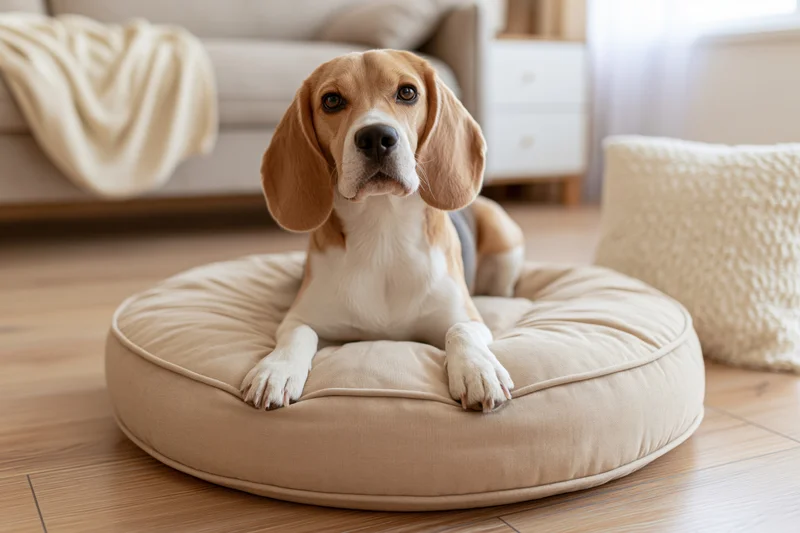 Beagle lying alert on a round beige pet bed in a living room with wooden floor and sofa in background