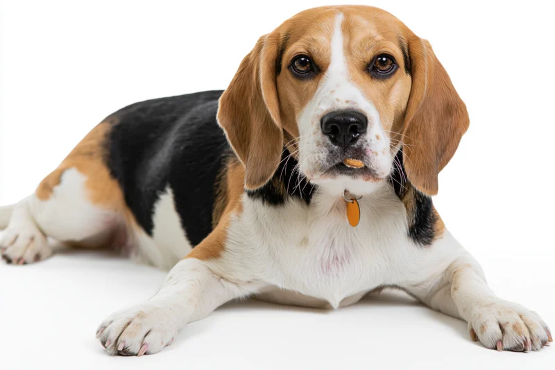 Beagle lying down with treat in mouth on white background