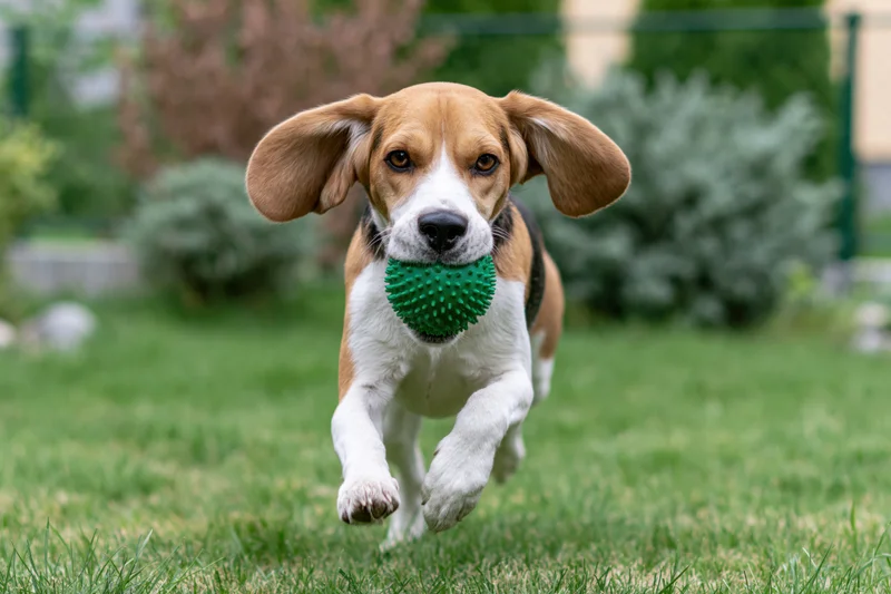 Beagle running toward camera with green spiky ball in mouth on grassy yard