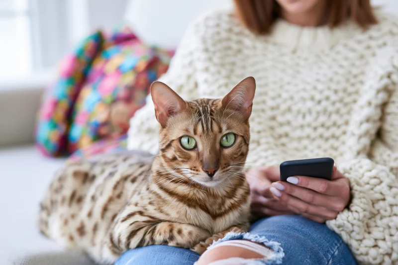 Bengal cat with green eyes resting on a woman’s lap as she uses a smartphone indoors